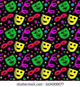 Colorful pattern with carnival masks and confetti on black background