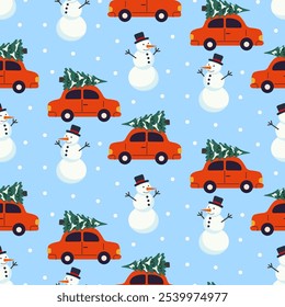 Colorful pattern of cars with Christmas trees and snowmen on a light blue background