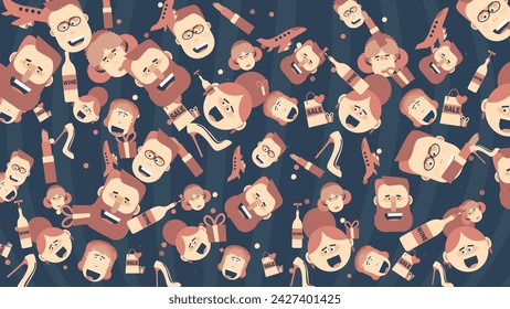 A colorful pattern of cartoon characters and icons about recreation and travel. Vector banner
