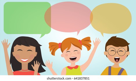 Colorful pattern with cartoon children. Boy and girls smiling and waving. A few blank templates for your text. Vector illustration