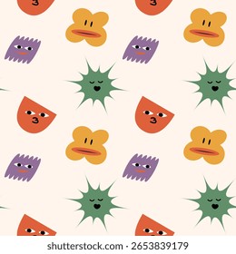 A colorful pattern of cartoon faces with a green and purple face with a 3 on it. The pattern is full of different shapes and colors, creating a fun and playful atmosphere