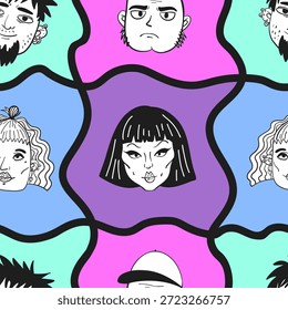 Farbiges Muster von Zeichentrickgesichtern mit einer Frau in der Mitte. Die Gesichter sind alle unterschiedlich im doodle-Stil
