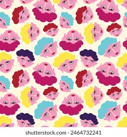 A colorful pattern of cartoon girl faces with lips and eyes. The faces are in various colors and sizes, and they are arranged in a way that creates a sense of movement and energy.