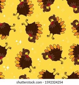 Colorful pattern with cartoon turkey bird. Seamless background for Happy Thanksgiving celebration. Vector illustration.