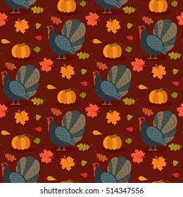 Colorful pattern with cartoon turkey bird and leaves. Seamless background for Happy Thanksgiving celebration. Vector illustration.