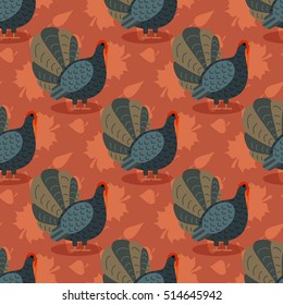 Colorful pattern with cartoon turkey bird and leaves. Seamless background for Happy Thanksgiving celebration. Vector illustration.