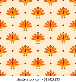 Colorful pattern with cartoon turkey bird. Seamless polka dot background for Happy Thanksgiving celebration. Vector illustration. 