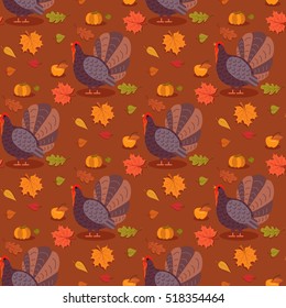 Colorful pattern with cartoon turkey bird and leaves. Seamless background for Happy Thanksgiving celebration. Vector illustration.