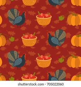 Colorful pattern with cartoon turkey bird and leaves. Seamless background for Happy Thanksgiving celebration.