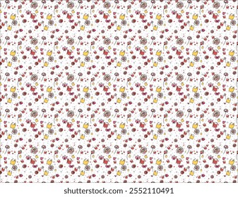 A colorful pattern of cats and flowers with hearts. The cats are drawn in a cartoon style and the flowers are in various shapes and sizes. Scene is playful and whimsical