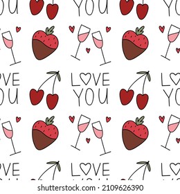 Colorful pattern with cherries, strawberries, glasses of champagne and lettering for valentine's day