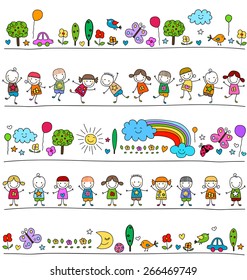 colorful pattern with children and cute nature elements, child like drawing style