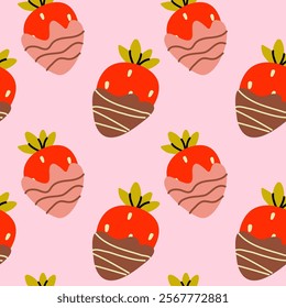 Colorful pattern of chocolate covered strawberries on pink background