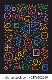 Colorful pattern. Circles, triangles, serpentine, dots, squares, rhombus and zigzag. Fun colorful line doodle shape background. Isolated on black. 