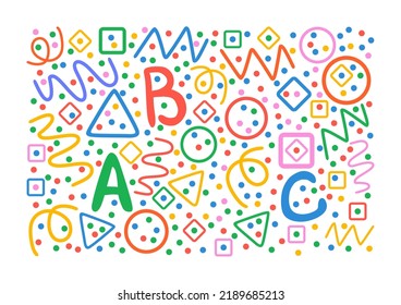 Colorful pattern. Circles, triangles, serpentine, dots, squares, rhombus and zigzag. ABC letters. Back to school. Fun colorful line doodle shape background. 