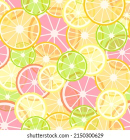 Colorful pattern with citruses of different sizes oranges, yellow lemons, green limes, red grapefruit