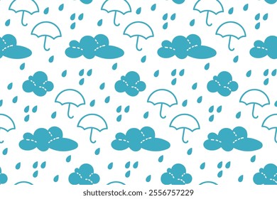 Colorful pattern of clouds and umbrellas with raindrops in a playful design