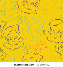 Colorful pattern with clown faces, vector seamless graphics