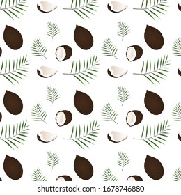 Colorful pattern of coconuts and palm leaves. Can be used in package design and textile. Vector illustration isolated on white background.