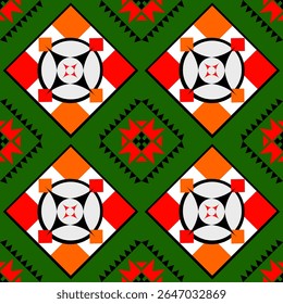 Colorful pattern combining traditional geometric shapes with cute panda faces, creating a playful folk art vibe. Great for kids’ products, textiles, or festive packaging.