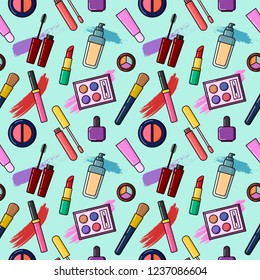 Colorful pattern with cosmetics. Can be your background or pattern for fabric, wallpaper. Pattern for makeup artist.