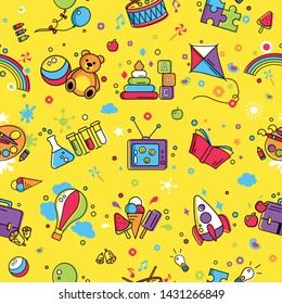 Colorful pattern creative idea for children promo playing space. Vector watercolor icon, symbol pattern. Child logo activity. Kids pattern. Background for kids club, playground, wrapping, hobby, gift