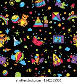 Colorful pattern creative idea for children promo playing space. Vector watercolor icon, symbol pattern. Child logo activity. Kids pattern. Background for kids club, playground, wrapping, hobby, gift