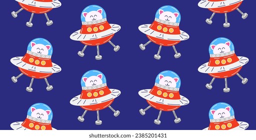 Colorful pattern with cute cats in space. Vector seamless background with cat character on a flying saucer in flat cartoon style.
