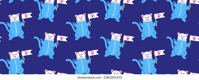 Colorful pattern with cute cats in space. Vector seamless background with a cat character in an astronaut suit in a flat cartoon style.