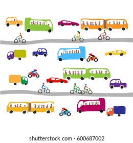 Colorful  pattern with cute city transport traffic.Vector  