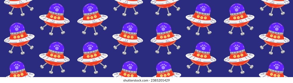 Colorful pattern with cute flying saucer in space. Vector seamless background with UFO and cat paw print in flat cartoon style.