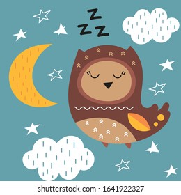 Colorful pattern with cute forest blue owls in Scandinavian style. Vector Illustration. Great for baby clothes, greeting card, wrapping paper. Good night background.