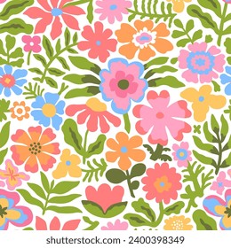 A colorful pattern depicting bright tropical plants, flowers, flower twigs, leaves on a white background. Foliage of exotic plants in summer for banners, prints, decor.