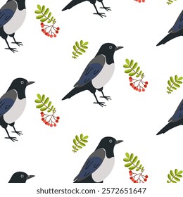 Colorful pattern design featuring stylized birds and foliage on a white background