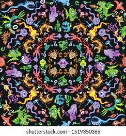 Colorful pattern design featuring a wide variety of weird monsters and creatures. The creatures follow concentrical paths with two radial axes of symmetry and mirror effects. Mandala design inspired