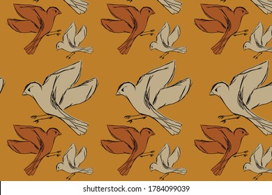 Colorful pattern design with hand drawn birds. Vector background illustration with yellow, orange colors