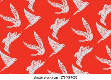 Colorful pattern design with hand drawn birds. Vector background illustration with red, rose colors