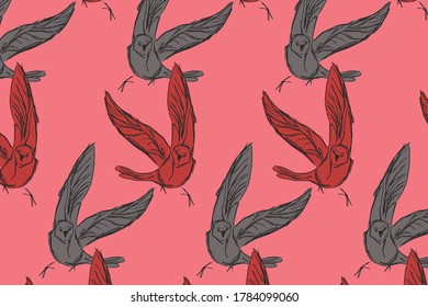 Colorful pattern design with hand drawn birds. Vector background illustration with pink, grey colors