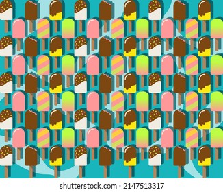 Colorful pattern with different delicious popsicles drawn in flat style