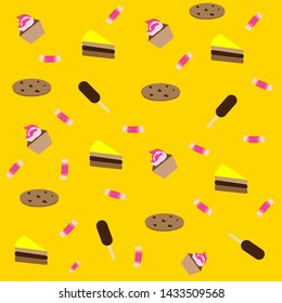 Colorful pattern with different desserts like cakes and sweets on bright yellow background. concept of pattern on wallpaper or textile. Isolated Vector illustration. 