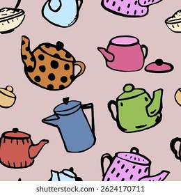 Colorful pattern with different interesting and funny pots. Hand draw doodle, black ink. Vector, isolated.