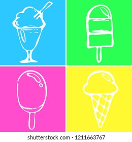 Colorful pattern with different kind of icecream silhouettes on blue, green, pink and yellow background. Hand drawn vector illustration.
