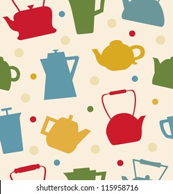 Colorful pattern with different teapots. Kettles backdrop. Seamless kitchen tracery can be used for prints, tablecloths, wallpapers, web pages, crafts