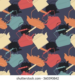 Colorful pattern with different teapots. Kettles backdrop. Seamless kitchen tracery can be used for prints, tablecloths, wallpapers, crafts and more creative designs.
