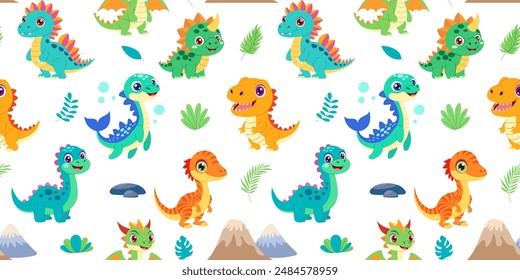 A colorful pattern of dinosaurs with some of them smiling. The background features a mountain and a tree