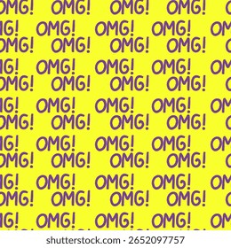 Colorful pattern displays the word OMG! repeatedly in bold purple lettering against a bright yellow background, creating an energetic and eye-catching design.