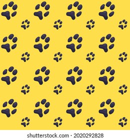 Colorful pattern of dog or cat footprints. Animal footprints on yellow background. Vector cartoon illustration