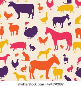 Colorful pattern domestic and farm animals seamless background