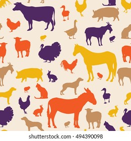 Colorful pattern domestic and farm animals seamless background