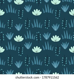 Colorful pattern of doodle plants on dark blue background. Drawn by hand vector floral elements for decorative designs of wrapping, clothes.